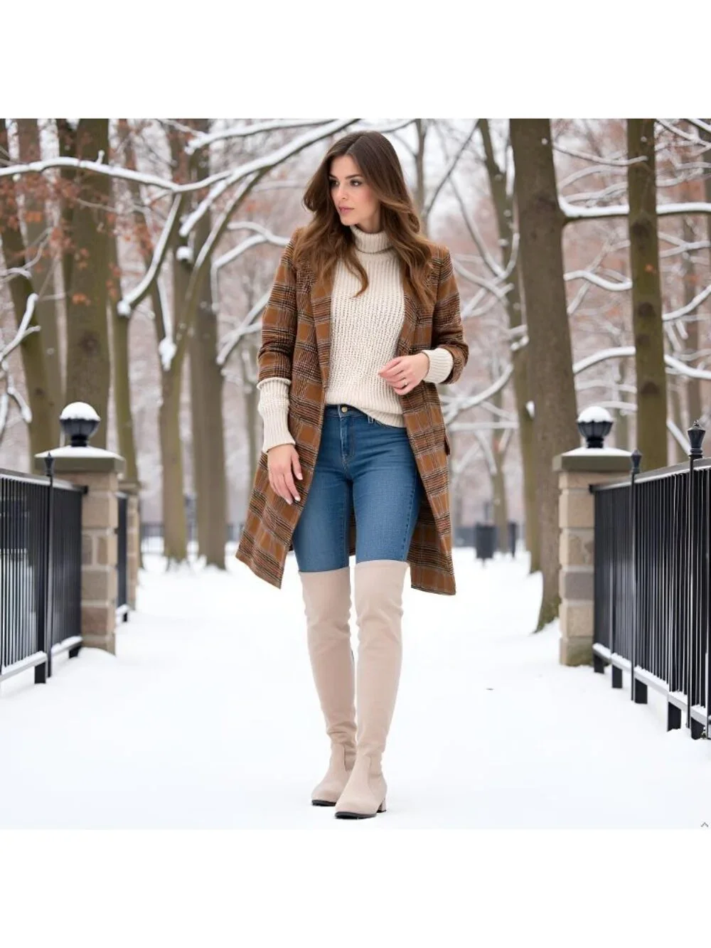 Women's Cream Flat Pointed Toe Chunky Block Heel Over The Knee High Boots